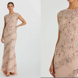 MAC DUGGAL 5500 PINK FLORAL EMBELLISHED CAP SLEEVE TRUMPET NUDE/SILVER GOWN 4